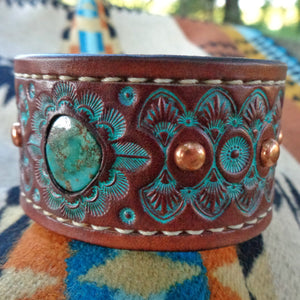 Hand Tooled Leather Cuff with Vintage Royston Turquoise Inlay