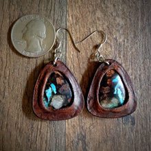 Load image into Gallery viewer, Leather Earrings with Douglas Fir and Globe Turquoise Inlay