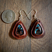 Load image into Gallery viewer, Leather Earrings with Douglas Fir and Globe Turquoise Inlay