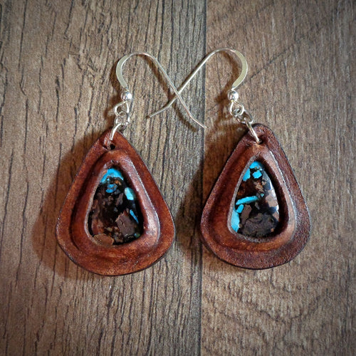 Leather Earrings with Douglas Fir and Globe Turquoise Inlay