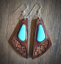 Load image into Gallery viewer, Hand Tooled Leather and  Kingman Turquoise Inlay Earrings