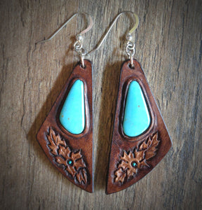Hand Tooled Leather and  Kingman Turquoise Inlay Earrings