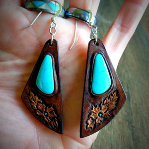 Hand Tooled Leather and  Kingman Turquoise Inlay Earrings