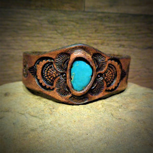 Hand Tooled Leather Cuff with Vintage American Turquoise Inlay