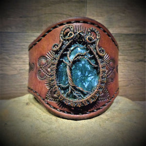 Wire Wrapped Tree of Life Moss Agate Tooled Leather Cuff
