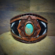 Load image into Gallery viewer, Vintage Kingman Turquoise and Tooled Leather Cuff with Pendleton Wool Inlay 