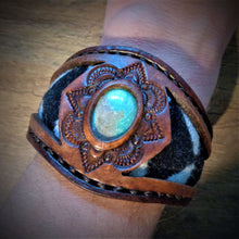 Load image into Gallery viewer, Vintage Kingman Turquoise and Tooled Leather Cuff with Pendleton Wool Inlay 