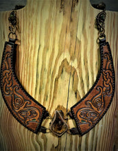 Load image into Gallery viewer, Copper Wire Woven Amber Tooled Norse Dragon Leather Torc Necklace
