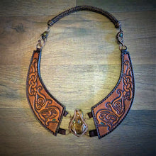Load image into Gallery viewer, Copper Wire Woven  Amber Tooled Norse Dragon Leather Torc Necklace