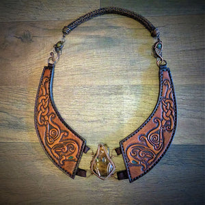 Copper Wire Woven  Amber Tooled Norse Dragon Leather Torc Necklace