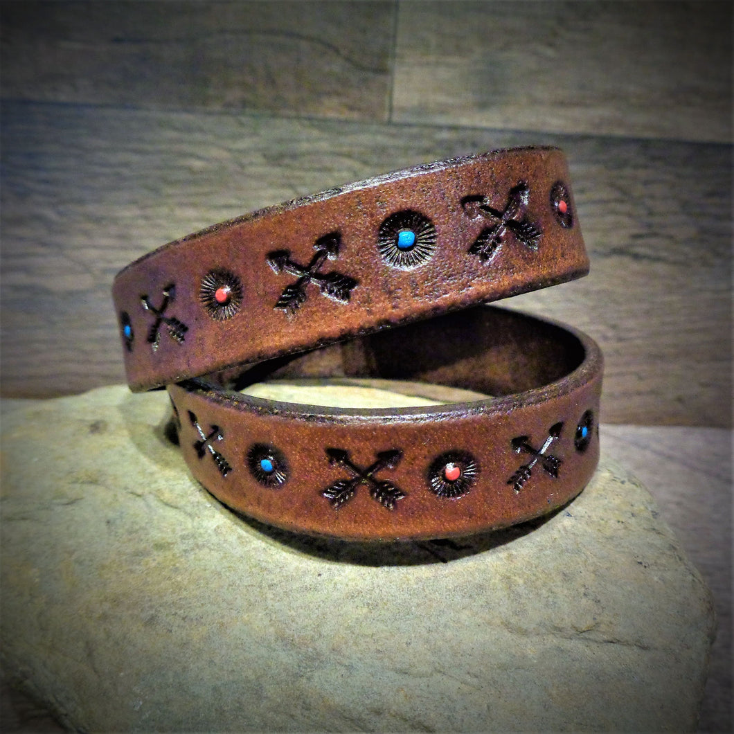 Hand Tooled Arrow Leather Wrap Cuff