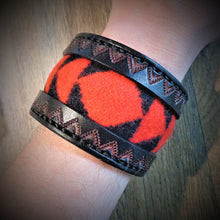 Load image into Gallery viewer, Black Hand Tooled Leather and Red Walking Rock Pendleton Wool Inlay Cuff