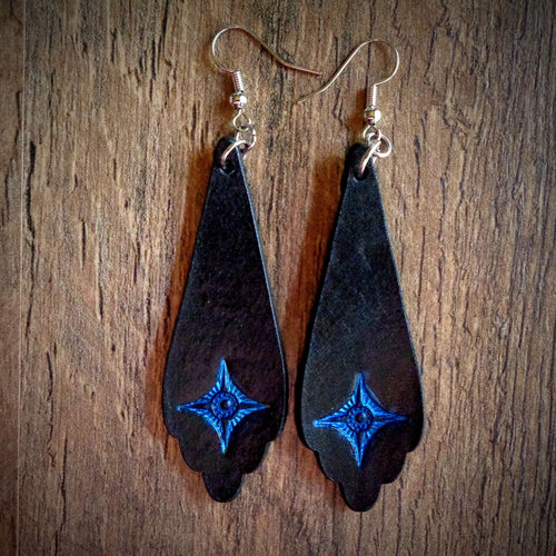 Hand Tooled Black Leather Blue Starburst Scallop Drop Earrings