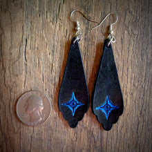 Load image into Gallery viewer, Hand Tooled Black Leather Blue Starburst Scallop Drop Earrings