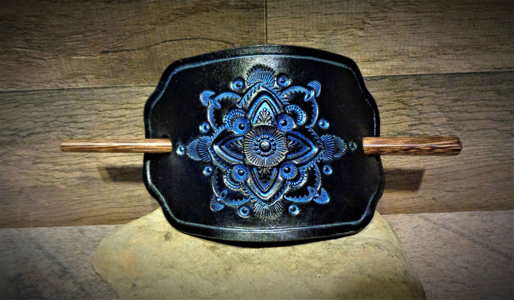 Hand Tooled Blue and Black Mandala Leather Barrette