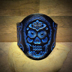 Hand Tooled Metallic Blue Sugar Skull Leather Cuff