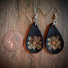Load image into Gallery viewer, Hand Tooled Leather Gold Floral Petite Teardrop Earrings