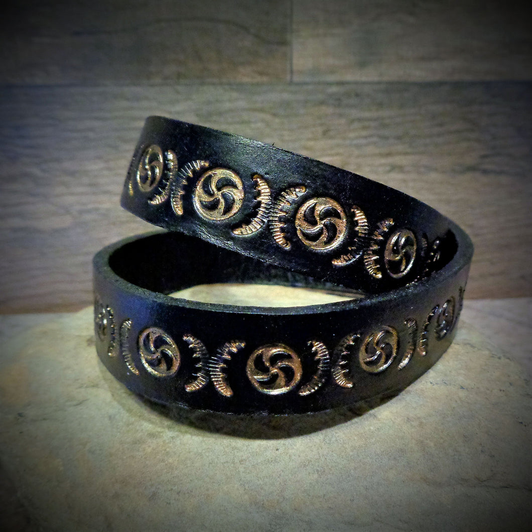 Hand Tooled Black and Gold Leather Wrap Cuff