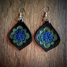 Load image into Gallery viewer, Hand Tooled Leather Blue/Green Mandala Tear Drop Earrings