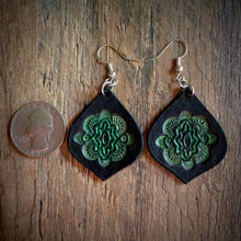 Load image into Gallery viewer, Hand Tooled Leather Green Mandala Tear Drop Earrings