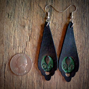 Hand Tooled Black Green and Gold Scallop Drop Earrings