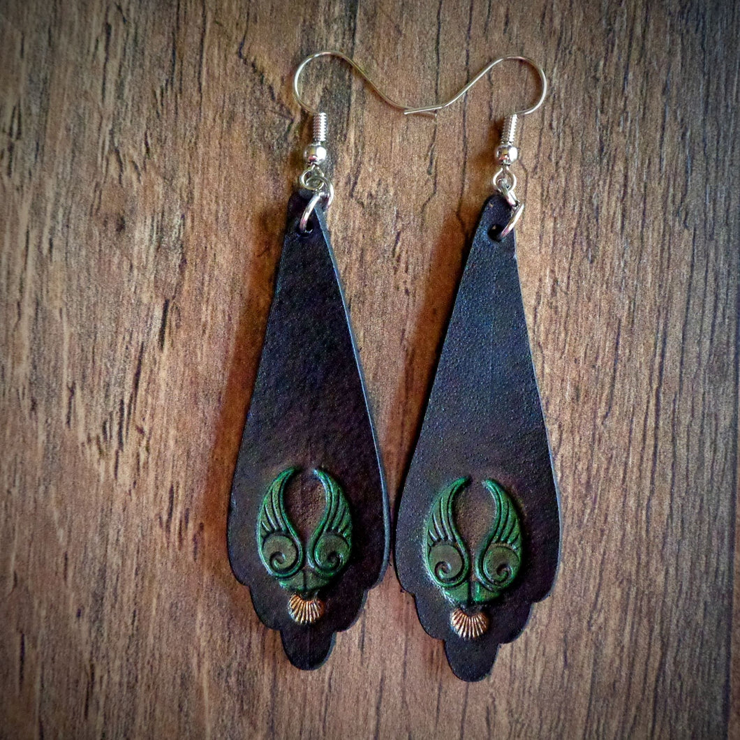 Hand Tooled Black Green and Gold Scallop Drop Earrings