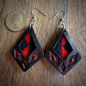Black Leather and Red Walking Rock Pendleton Wool Inlay Kite Earrings