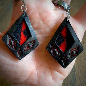 Black Leather and Red Walking Rock Pendleton Wool Inlay Kite Earrings