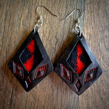 Load image into Gallery viewer, Black Leather and Red Walking Rock Pendleton Wool Inlay Kite Earrings
