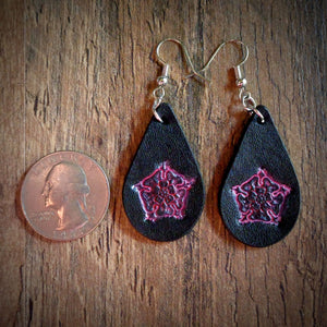 Hand Tooled Leather Pink Floral Petite Tear Drop Earrings