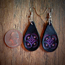 Load image into Gallery viewer, Hand Tooled Leather Purple Geometric Petite Tear Drop Earrings