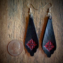 Load image into Gallery viewer, Hand Tooled Black Leather Red Floral Scallop Drop Earring