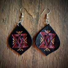 Load image into Gallery viewer, Hand Tooled Leather Red Geometric Tear Drop Earrings