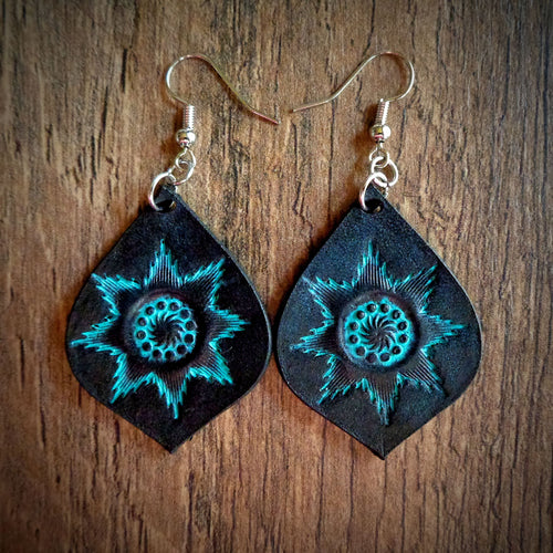 Hand Tooled Leather Turquoise Starburst Tear Drop Earring