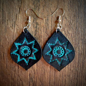 Hand Tooled Leather Turquoise Starburst Tear Drop Earring