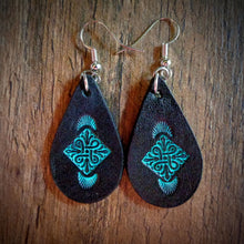Load image into Gallery viewer, Hand Tooled Leather Turquoise Floral Petite Tear Drop Earrings