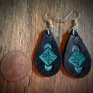 Hand Tooled Leather Turquoise Floral Petite Tear Drop Earrings