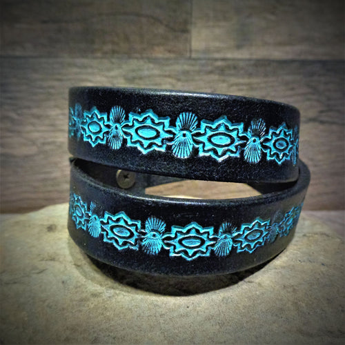 Hand Tooled Black and Turquoise Leather Wrap Cuff