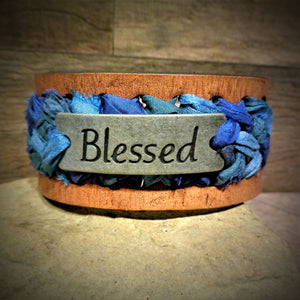 "Blessed" Teal and Blue Sari Ribbon Braided Leather Cuff