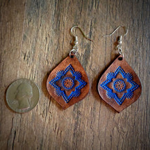 Load image into Gallery viewer, Hand Tooled Leather Blue Mandala Tear Drop Earrings