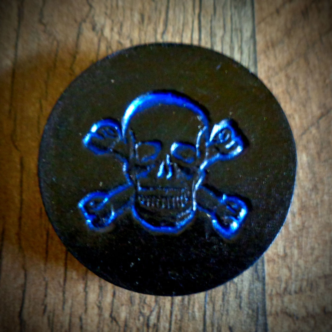 Hand Tooled Leather Blue Skull and Crossbones Phone Grip