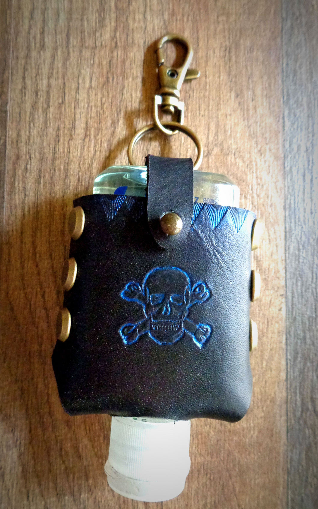 Blue Skull and Crossbones Leather Hand Sanitizer Case