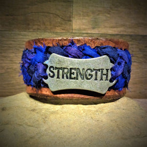 "Strength" Blue Sari Ribbon Braided Leather Cuff