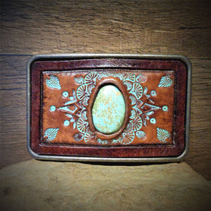 #8 Turquoise and Tooled Leather Belt Buckle