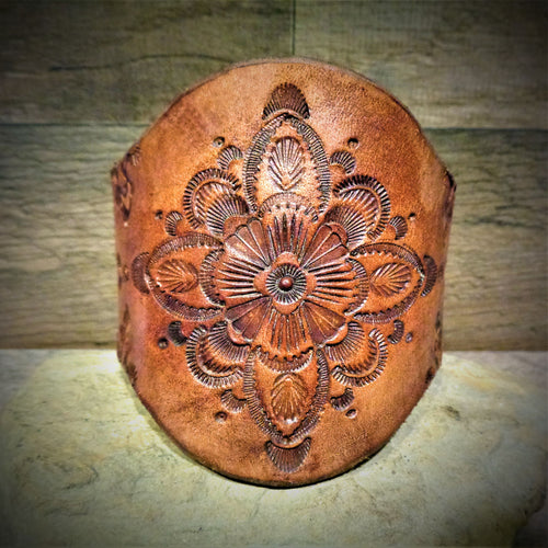 Hand Tooled Mandala Leather Cuff