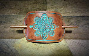 Hand Tooled Turquoise Mandala Leather Stick Barrette