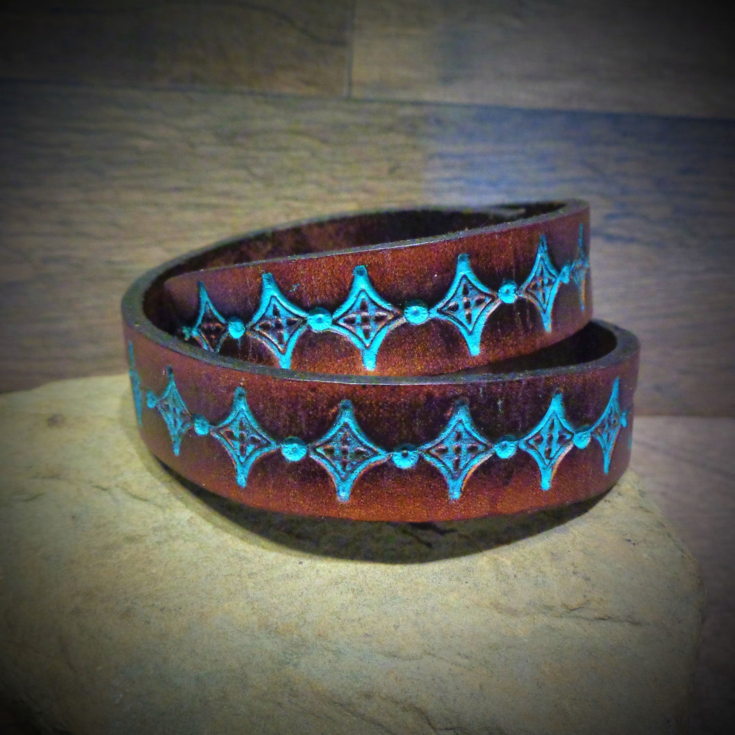Hand Tooled Turquoise Diamond Leather Wrap Cuff