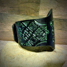 Load image into Gallery viewer, Hand Tooled Gold and Green Celtic Mandala Leather Cuff