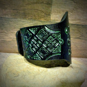 Hand Tooled Gold and Green Celtic Mandala Leather Cuff