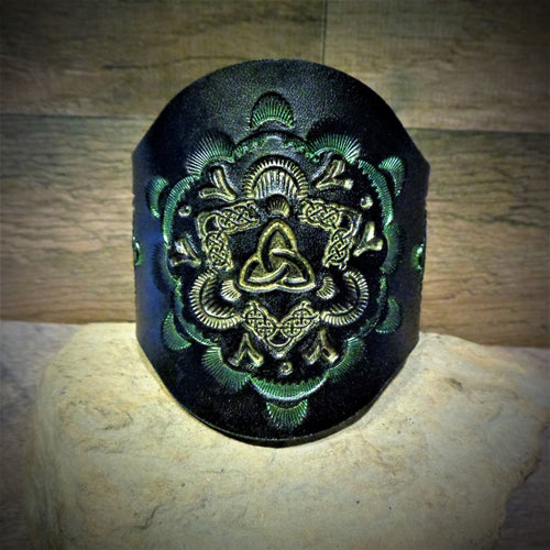 Hand Tooled Gold and Green Celtic Mandala Leather Cuff